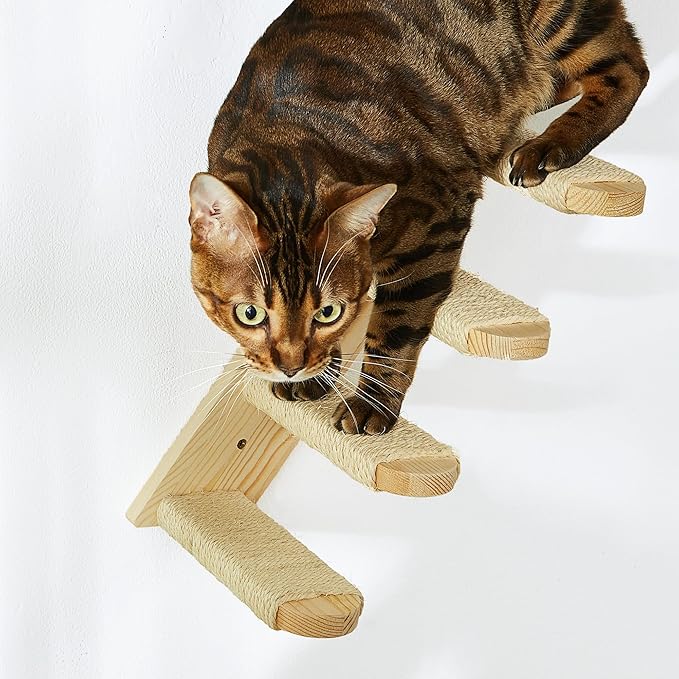 Wall-Mounted Cat Stairs, 4-Step Pine Wood Cat Ladder with Sisal Rope, Space-Saving Climbing Solution for Cats