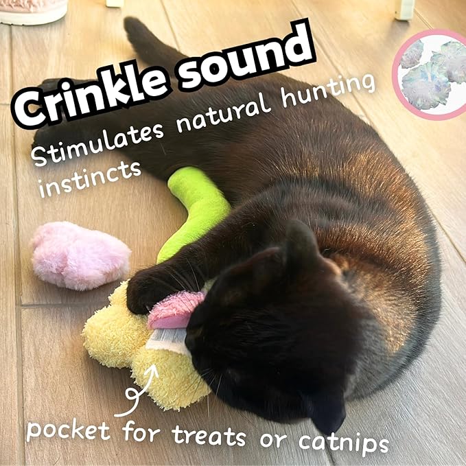 3 PCS Catnip Toys, Includes 6-Pack Catnip Pouches, Catnip Refillable Interactive Cat Toy with Crinkle Sound, Bunny Easter Kicker Toy for Indoor Cats, Chew, Food Puzzle for Kitten Enrichment