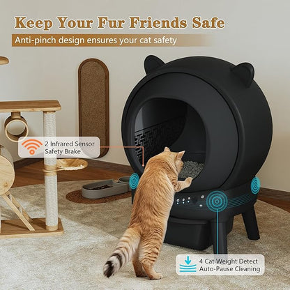 Self Cleaning Litter Box, Automatic Cat Litter Box for Multiple Cats, Auto Litter Box Robot with APP Control, Dual Safety Sensors, Odor Control&Low Noise, Cat Ears Design, Dark Grey