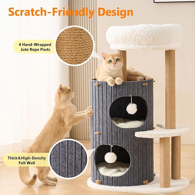 Modern Cat Tree for Indoor Cats Large Adult, 36in H Cat Tree Tower with Scratching Posts, Cozy Cat Bed Cave, Washable Cushions, Dangling Balls, Play&Nap Cat House Condo for All Breeds, Gray
