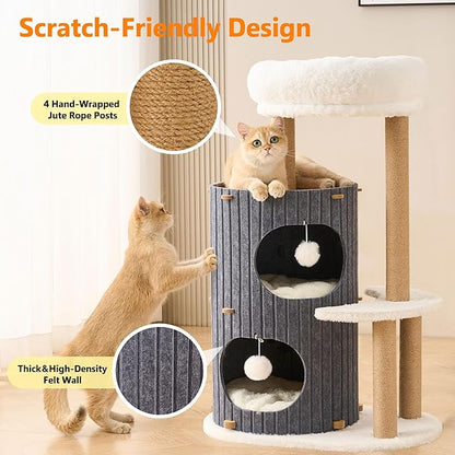 Modern Cat Tree for Indoor Cats Large Adult, 36in H Cat Tree Tower with Scratching Posts, Cozy Cat Bed Cave, Washable Cushions, Dangling Balls, Play&Nap Cat House Condo for All Breeds, Gray