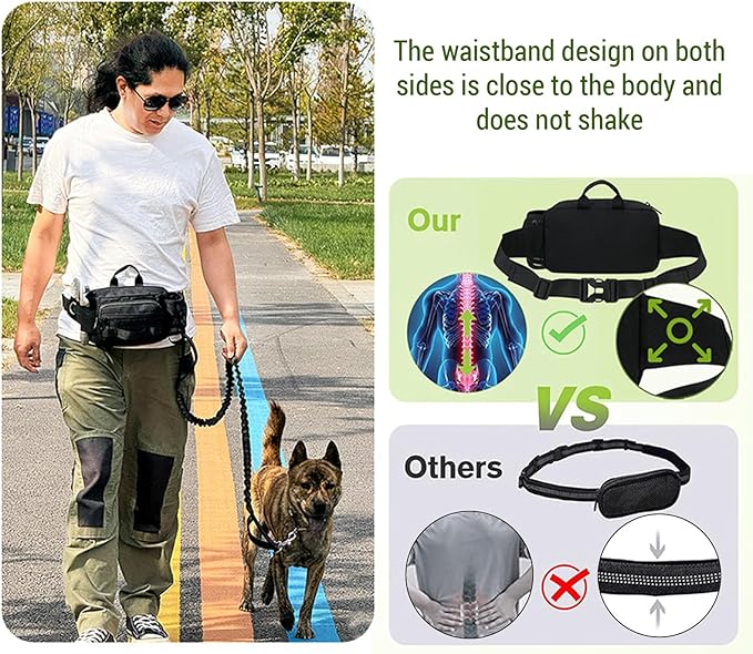 Hands Free Dog Leash with Waist Bag, Retractable Bungee Leash Portable with Dual Handles + Multifunctional Zipper Pouch for Dog Training Walking Running Cycling