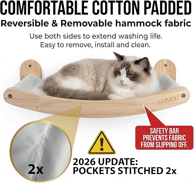 NVMBR Cat Wall Furniture Lounge with Sisal Stairs Set, 16 inch Stud Design, Easy Install Mounts, Holds up to 33 lbs Climber Indoor Perches for Walls, Shelf Hammock with Saftety Bar
