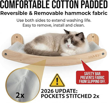 NVMBR Cat Wall Furniture Lounge with Sisal Stairs Set, 16 inch Stud Design, Easy Install Mounts, Holds up to 33 lbs Climber Indoor Perches for Walls, Shelf Hammock with Saftety Bar