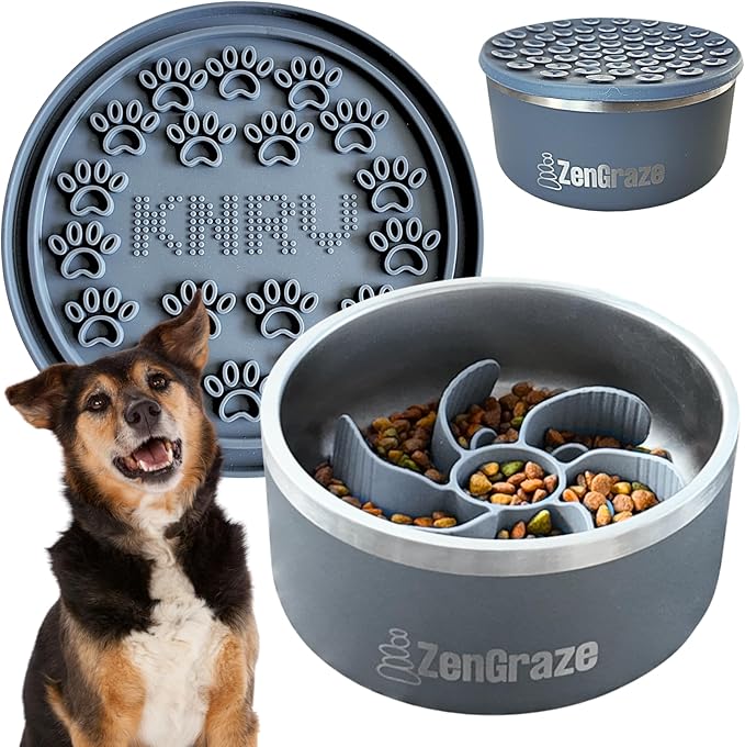 Stainless Steel Slow Feeder Dog Bowl for Large Dogs | 64 oz, Non-Slip Base with Textured Lick Mat Lid & Silicone Slow Feeder Insert – Deep Anti-Gulp Metal Puzzle Bowl for Large Breeds (Steel Gray)
