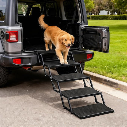 Foldable Dog Car Steps - Upgraded Non-Slip Pet Stairs for Large Dogs, Portable Metal Frame Dog Ramps for High SUV, Truck and Cars, Lightweight Pet Ladder with High Load-Bearing Capacity，Up to 350Lbs