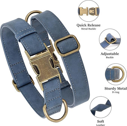 Didog Soft PU Leather Dog Collar, Stylish Quick Released Dog Collar for Large Dogs, Easy Clean Adjustable Pet Collar for Daily Walking, Blue, L Fit 16-22" Neck