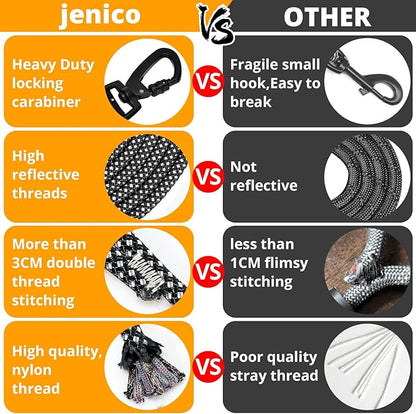 jenico Long Dog Leash 15FT: Heavy Duty Rope Leashes for Dogs Training with Swivel Lockable Hook Reflective Threads Bungee and Padded Handle - Dog Lead for Large Small Medium Dogs