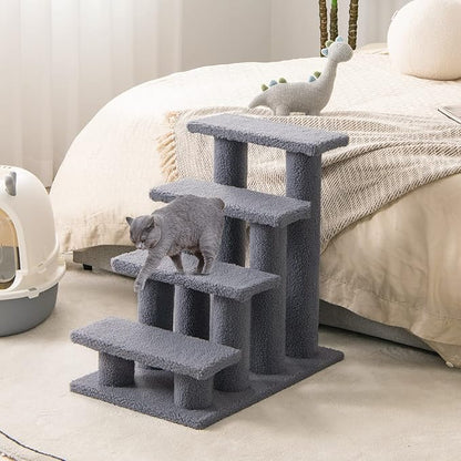Tangkula Pet Stairs for Cats and Dogs, 4-Step Carpeted Ladder Ramp Cat Climber Cat Scratching Post, Multi-Step Dog Stairs for High Beds, Couch (Grey)