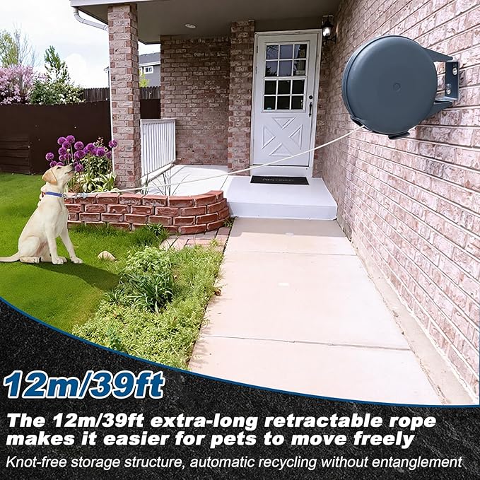 39ft Wall Mounted Retractable Dog Leash with Length Lock, Anti Tangle Pet Leash for Medium Large Dogs up to 50lbs, Multi Purpose Outdoor Indoor Retractable Dog Tie