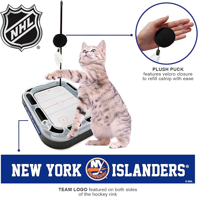 Pets First 5-in-1 NHL New York Islanders Hockey Field Cat Scratcher Toy with Interactive Cat Ball Bell