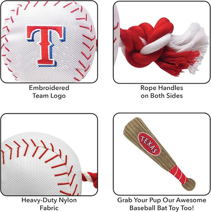 MLB TEXAS RANGERS Baseball Rope Toy for DOGS & CATS. Tough nylon, Sporty Baseball Design, Heavy-duty ropes with Inner SQUEAKER
