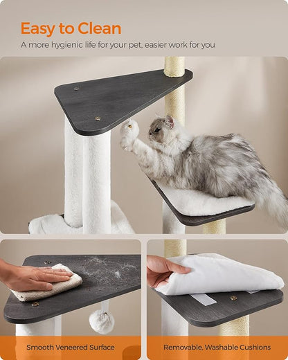 Feandrea Cat Tree, 65-Inch Modern Cat Tower for Indoor Cats, Multi-Level Cat Condo with 5 Scratching Posts, Perch, Washable Removable Cushions, Cat Furniture, Misty Gray UPCT166G03