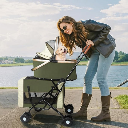 Double Pet Stroller for Dogs and Cats: Dog Stroller Foldable Travel Carriage with Detachable Carriers, Safety Belts, and 4 Lockable Wheels for Small to Medium Pets – Ideal for Multi-Pet Homes (Green)