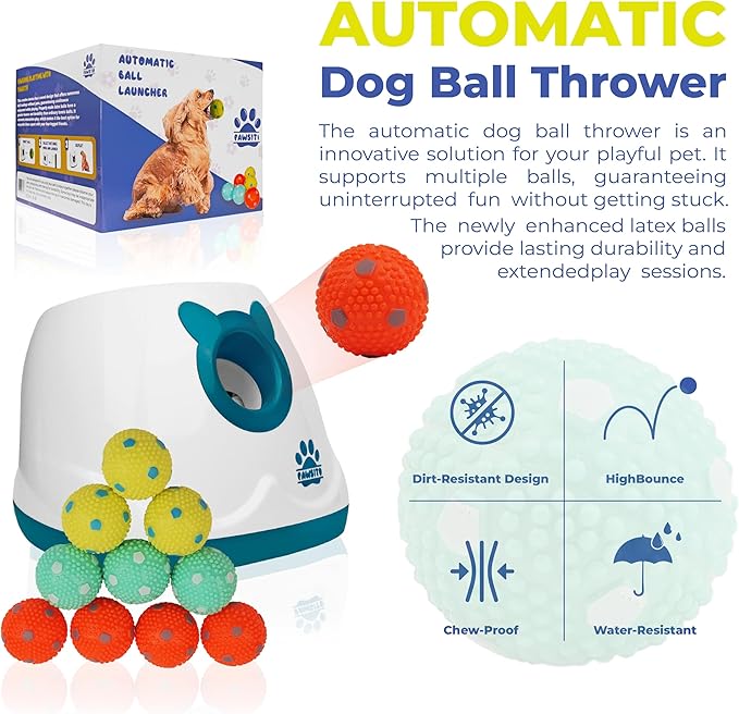 Automatic Dog Ball Launcher for Medium and Small Size Dogs, Interactive Fetch Machine for Indoor and Outdoor Play with 10 PCS Latex Balls, Dual Power Mode Ball Thrower, Dog Toy