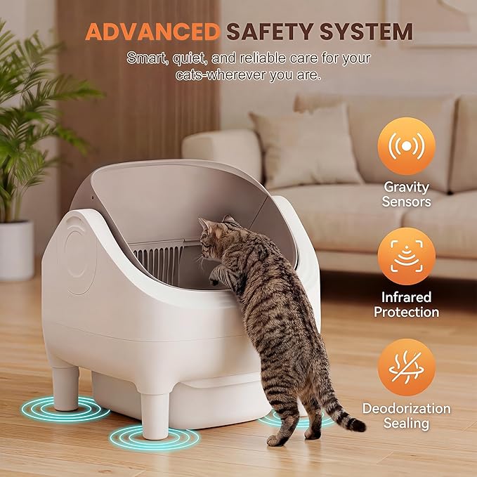 Self Cleaning Cat Litter Box, Greesum Automatic Open-Top Smart Litter Box with App Control, 15L Odor-Sealed Waste Bin, Quiet 35dB, Safety Sensors for Large Cats & Multi-Cat Homes