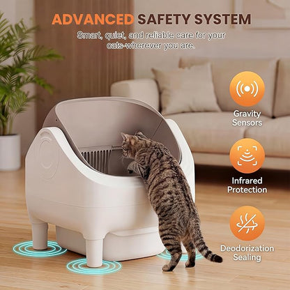 Self Cleaning Cat Litter Box, Greesum Automatic Open-Top Smart Litter Box with App Control, 15L Odor-Sealed Waste Bin, Quiet 35dB, Safety Sensors for Large Cats & Multi-Cat Homes