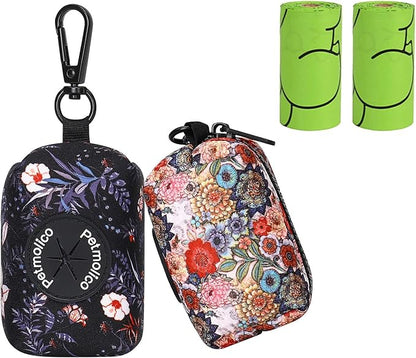 Petmolico Dog Poop Bag Holder Leash Attachment, Waste Bag Dispenser Zippered Pouch - 2 Pack, Fits Any Leash, Includes Free Roll of Bags, Boho Floral