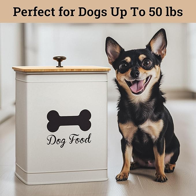 Dog Food Container Airtight 5-7 lb (25 Cup) Capacity - Cute Airtight Dog Food Storage Container with Bamboo Lid & Sturdy Metal Handle - White Metal Kibble Storage Bin for Dogs up to 50 lbs - Pet Jar