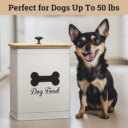 Dog Food Container Airtight 5-7 lb (25 Cup) Capacity - Cute Airtight Dog Food Storage Container with Bamboo Lid & Sturdy Metal Handle - White Metal Kibble Storage Bin for Dogs up to 50 lbs - Pet Jar