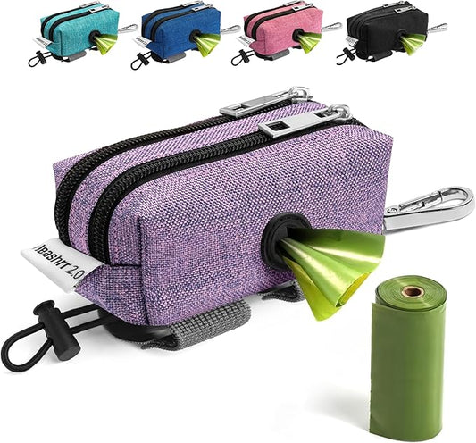 Dog Poop Bag Holder for Leashes - Dog Poop Bag Dispenser and Treat Holder with 2 Waterproof Pouches for Pet Waste Bags and Walking Accessories + 1 Free Roll - Leashrr 2.0 (Purple)