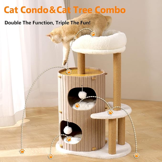 Modern Cat Tree for Indoor Cats Large Adult, 36in H Cat Tree Tower with Scratching Posts, Cozy Cat Bed Cave, Washable Cushions, Dangling Balls, Play&Nap Cat House Condo for All Breeds, Brown