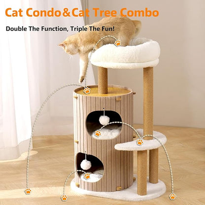 Modern Cat Tree for Indoor Cats Large Adult, 36in H Cat Tree Tower with Scratching Posts, Cozy Cat Bed Cave, Washable Cushions, Dangling Balls, Play&Nap Cat House Condo for All Breeds, Brown