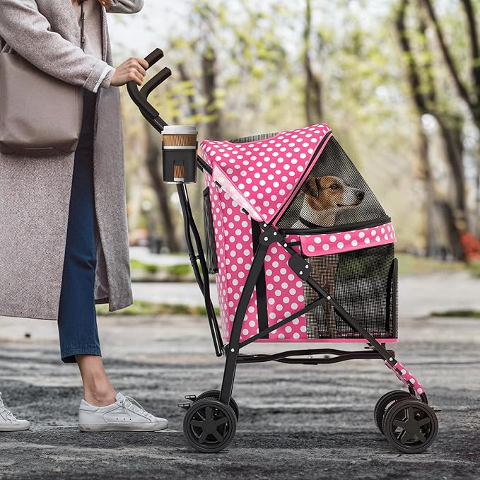 MoNiBloom 4 Wheels Pet Stroller, Easy-Fold Umbrella Shaped Dog Cat Jogger Stroller w/Storage Bag & Visible Mesh for Small/Medium Dogs Cats Hot Pink Polka Dots