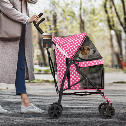 MoNiBloom 4 Wheels Pet Stroller, Easy-Fold Umbrella Shaped Dog Cat Jogger Stroller w/Storage Bag & Visible Mesh for Small/Medium Dogs Cats Hot Pink Polka Dots
