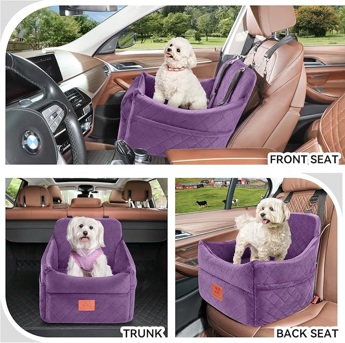 GL GLENSLAVE Dog Car Seat for Small/Medium Dogs, Dog Booster Car Seats with Thick Cushion for Dogs Under 35lbs, Detachable Washable Pet Carseat with Storage Pockets, 2 Safety Belts(Purple)