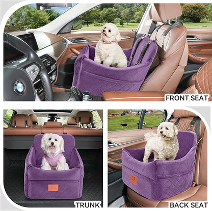 GL GLENSLAVE Dog Car Seat for Small/Medium Dogs, Dog Booster Car Seats with Thick Cushion for Dogs Under 35lbs, Detachable Washable Pet Carseat with Storage Pockets, 2 Safety Belts(Purple)
