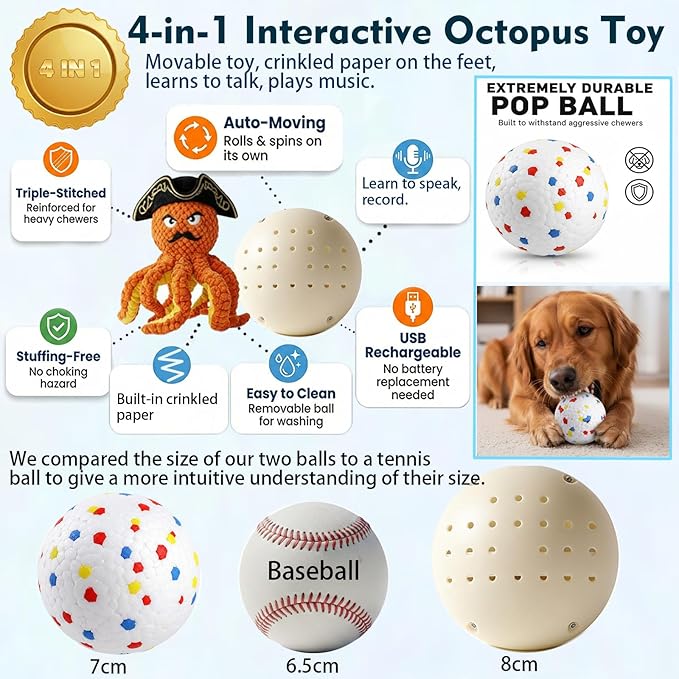 Self Moving Interactive Octopus Dog Toy Set with 2 Balls - Automatic Bouncing Wobble Ball & Durable Chew Ball, 4-in-1 Squeaky Plush Enrichment Toy to Keep Them Busy for Medium Large Dogs