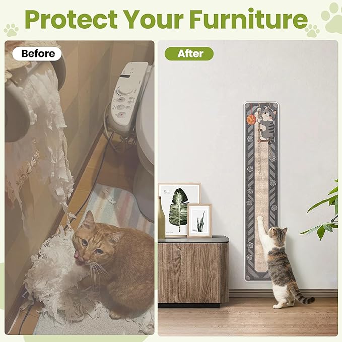 Cat Scratch Couch Furniture Protector, 78.7" x 15.8" Cat Scratcher Pad Deterrent from Cats Claws Scratching, DIY Sisal Carpet Cat Proof Couch Cover Replacement for Indoor Sofa, Wall, Door, Cute Grey