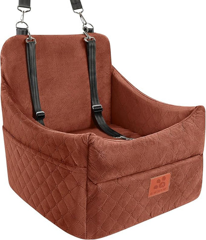 GL GLENSLAVE Dog Car Seat for Small/Medium Dogs, Dog Booster Car Seats with Thick Cushion for Dogs Under 35 lbs, Detachable Washable Pet Carseat with Storage Pockets, 2 Safety Belts(Brown)