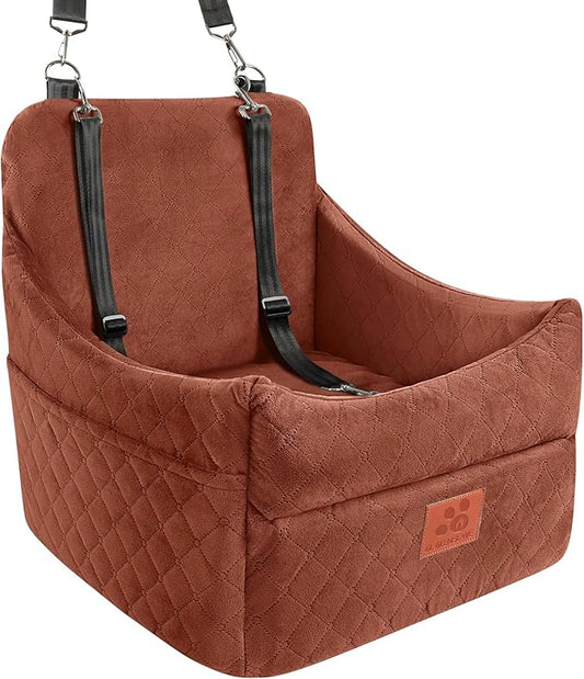 GL GLENSLAVE Dog Car Seat for Small/Medium Dogs, Dog Booster Car Seats with Thick Cushion for Dogs Under 35 lbs, Detachable Washable Pet Carseat with Storage Pockets, 2 Safety Belts(Brown)