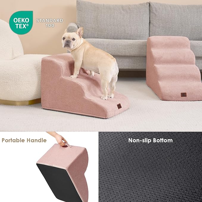 EHEYCIGA Curved Dog Stairs Ramp for High Beds 19.7" H, 4-Step Dog Steps for Small Dogs and Cats, Pet Stairs for High Bed Climbing, Non-Slip Balanced Pet Step Indoor, Dusty Pink