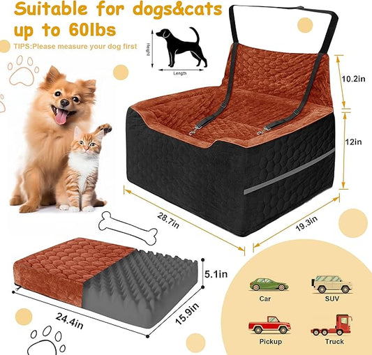 Dog Car Seat for Medium/Large Dog Booster Seat Under 60 lbs or 2 Small Dogs, Multi-Functional Pet Car Seat with Thick Cushion, 2 Safety Leashes (Black/Red Brown, Medium)