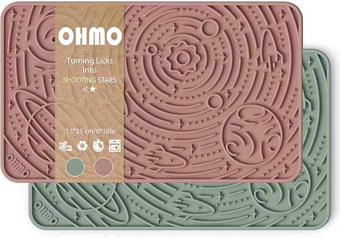 OHMO Lick Mat for Dogs Cats, (Sage Green + Coral, 2pcs, 9.8"×5.9") Galaxy Design Slow Feeder with Suction Cups, Keep Them Busy & Anxiety Relief, Easy Clean Enrichment Accessories