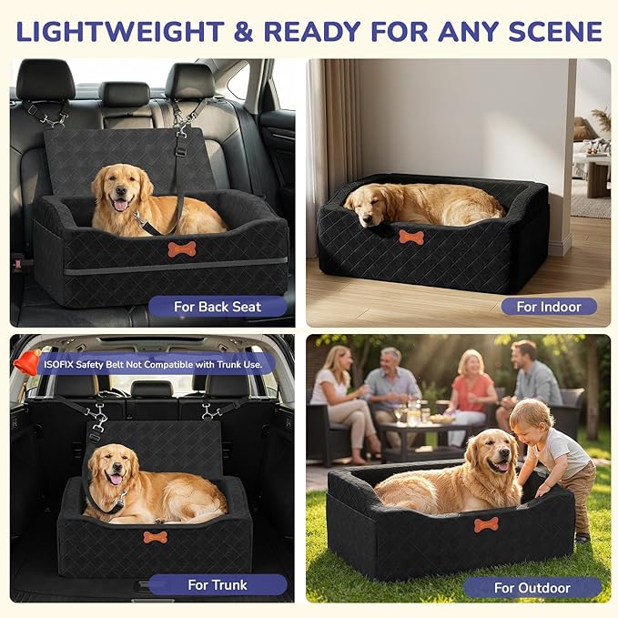 Dog Car Seat for Medium Large Dogs, 4" Elevated Dog Booster Seat with ISOFIX Safety Fixation, Washable Cover & High Density Memory Foam, Portable for Car Front/Rear/Trunk Home Outdoor Use (Jet Black)