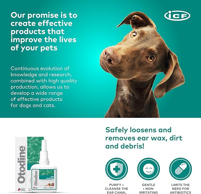 Otodine Dog Ear Cleaner Solution Drops for Itchy Ears, Infections, Head Shaking, Scratching, Wax, Debris & Odor - Tris-EDTA Flush - Gentle & Safe for Cats & Puppies - 100ml