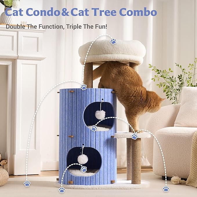 Modern Cat Tree for Indoor Cats Large Adult, 36in H Cat Tree Tower with Scratching Posts, Cozy Cat Bed Cave, Washable Cushions, Dangling Balls, Play&Nap Cat House Condo for All Breeds, Blue
