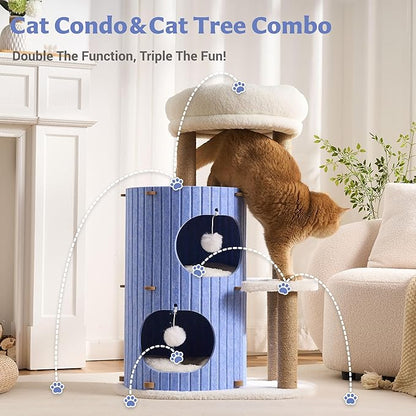 Modern Cat Tree for Indoor Cats Large Adult, 36in H Cat Tree Tower with Scratching Posts, Cozy Cat Bed Cave, Washable Cushions, Dangling Balls, Play&Nap Cat House Condo for All Breeds, Blue