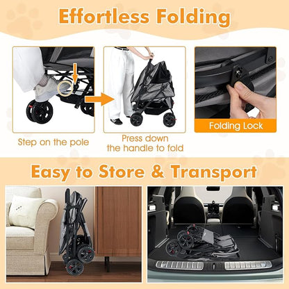 PETSITE Double Pet Stroller, Foldable Double Dog Stroller with 2-Seater Carrier, Adjustable Sunshade, Removable Pad, Safety Belt, Storage Basket, 4-Wheel Pet Travel Cart for 2 Puppies & Cats (Grey)
