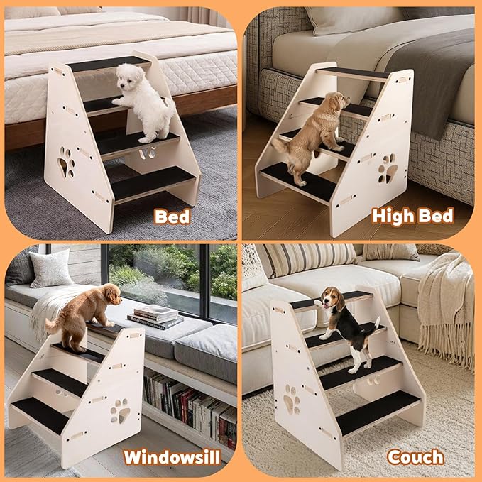 Dog Stairs Ramp, Wooden 4-Step Dog Ramp for Small/Medium/Older Dogs and Cats, Non-Slip Pet Ladder for High Beds, Sofas, Bay Windows