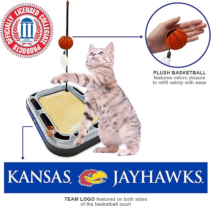 NCAA KANSAS Jayhawks REVERSIBLE Basketball Court Felt Cat Scratcher & 6-in-1 Interactive Cat Wand Poll Toy - Catnip-Filled Plush Basketball & Feathers