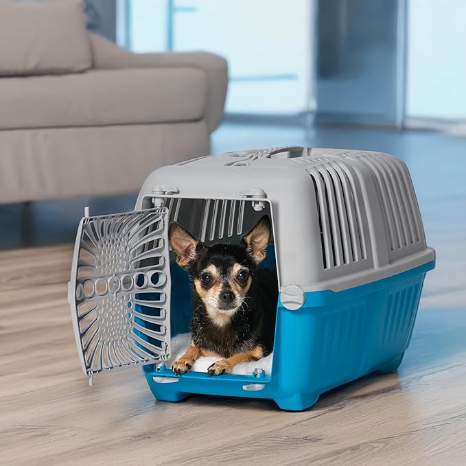 MidWest Homes for Pets Spree Travel Carrier - Hard-Sided Dog & Cat Carrier, Small Pet Travel Crate with Handle, Ventilated Design, Durable Plastic Door, Easy Assembly, 19-Inch, Blue