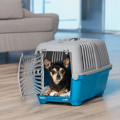 MidWest Homes for Pets Spree Travel Carrier - Hard-Sided Dog & Cat Carrier, Small Pet Travel Crate with Handle, Ventilated Design, Durable Plastic Door, Easy Assembly, 19-Inch, Blue