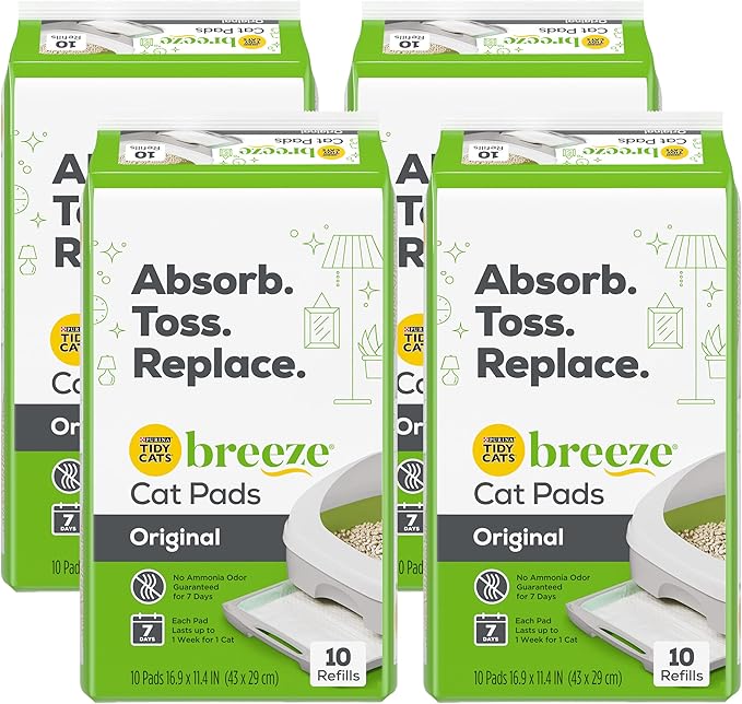 Tidy Cats Breeze Original Cat Pads, Absorbent Disposable Pads for Breeze Litter System, Fast-Drying, Odor Control, 10 Pads per Pouch (Pack of 4)