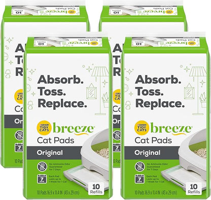 Tidy Cats Breeze Original Cat Pads, Absorbent Disposable Pads for Breeze Litter System, Fast-Drying, Odor Control, 10 Pads per Pouch (Pack of 4)