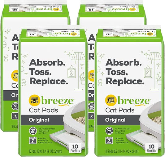 Tidy Cats Breeze Original Cat Pads, Absorbent Disposable Pads for Breeze Litter System, Fast-Drying, Odor Control, 10 Pads per Pouch (Pack of 4)